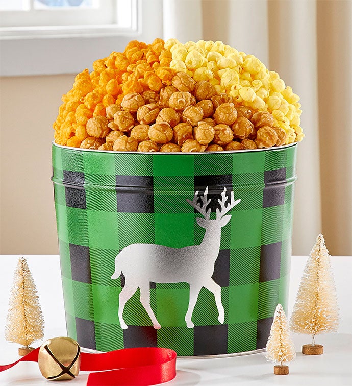 Holly Plaid Deer 1.75 Gallon 3-Flavor Popcorn Tin